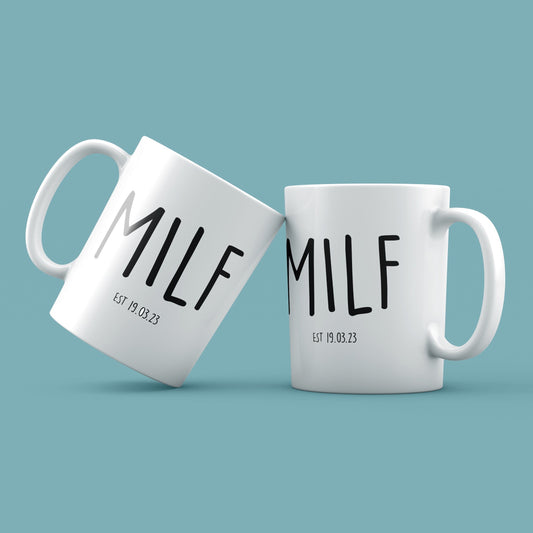 Two white mugs with 'MILF' text on a light blue background
