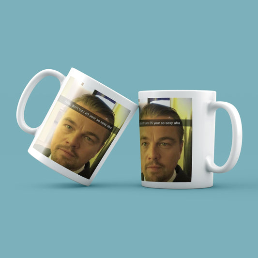 Two white mugs with a printed design of a person on a blue background