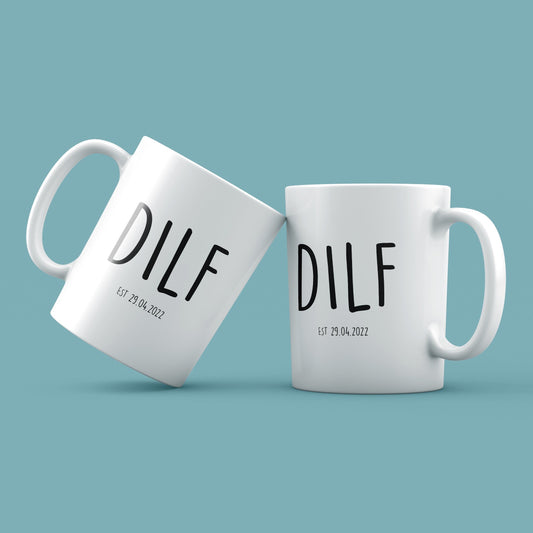 Two white mugs with 'DILF' text on a light blue background