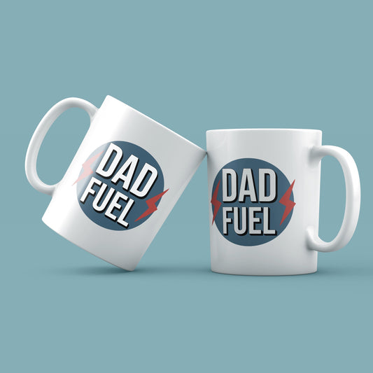 Two white mugs with 'Dad Fuel' design on a light blue background