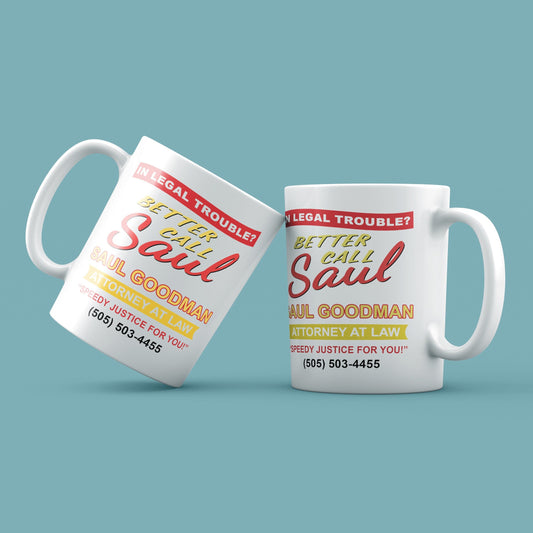 Two mugs with 'Better Call Saul' branding on a light blue background