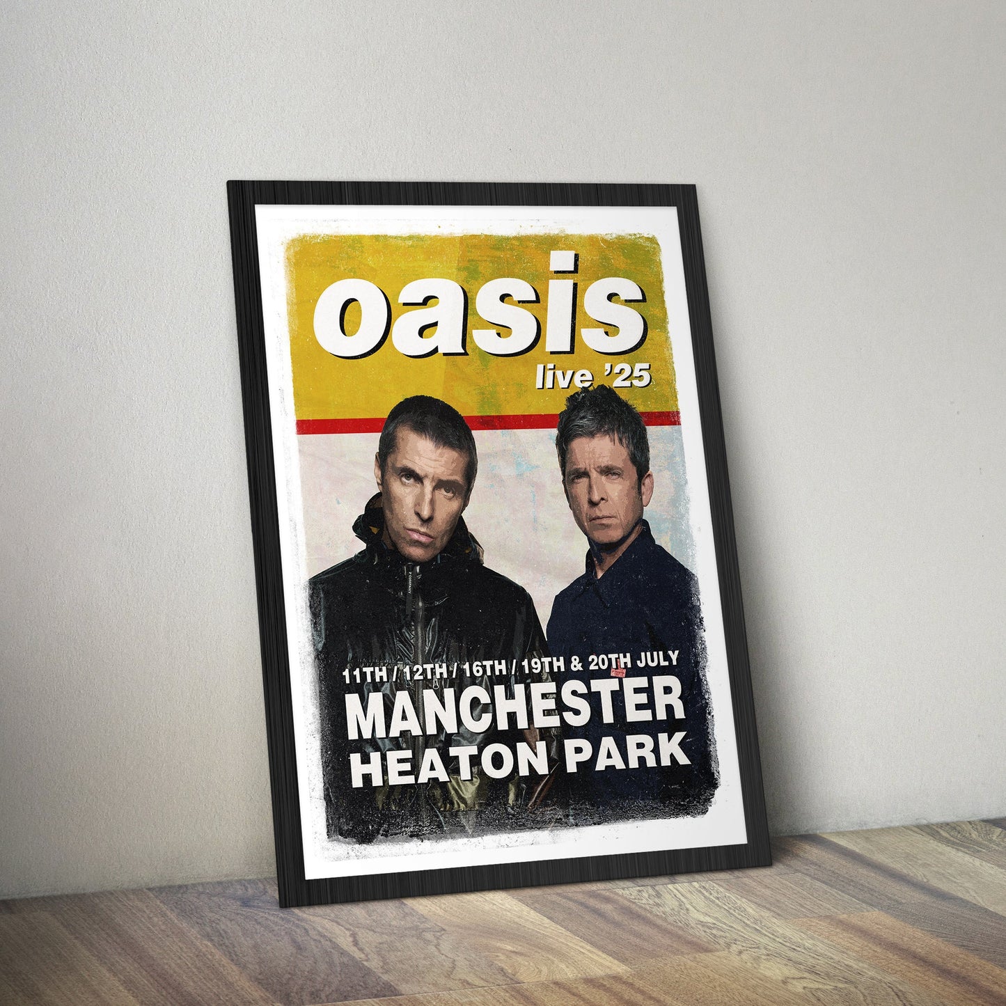 Framed concert poster for Oasis with two band members on a white background