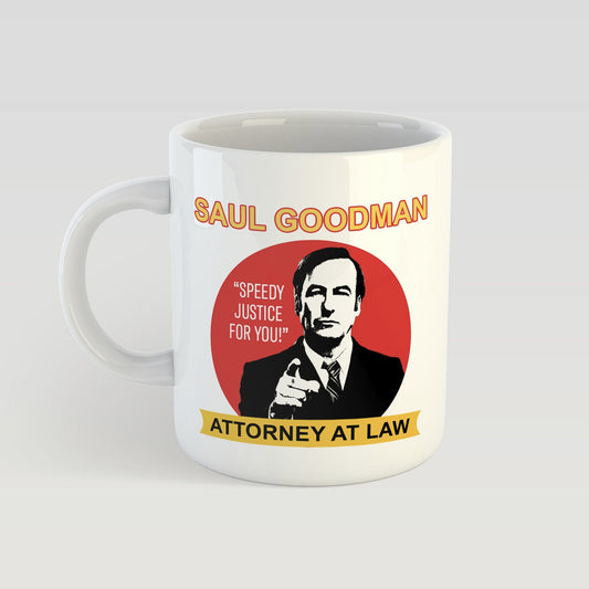 Mug with a graphic of Saul Goodman from 'Breaking Bad' on a white background