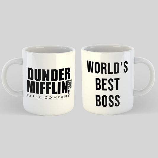 Two white mugs with text on a light gray background