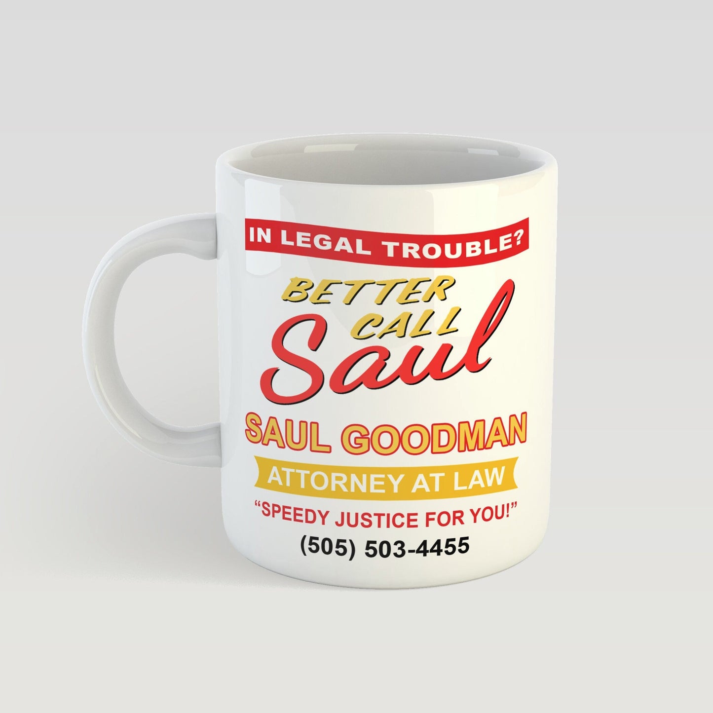 Mug with 'Better Call Saul' text and design on a white background