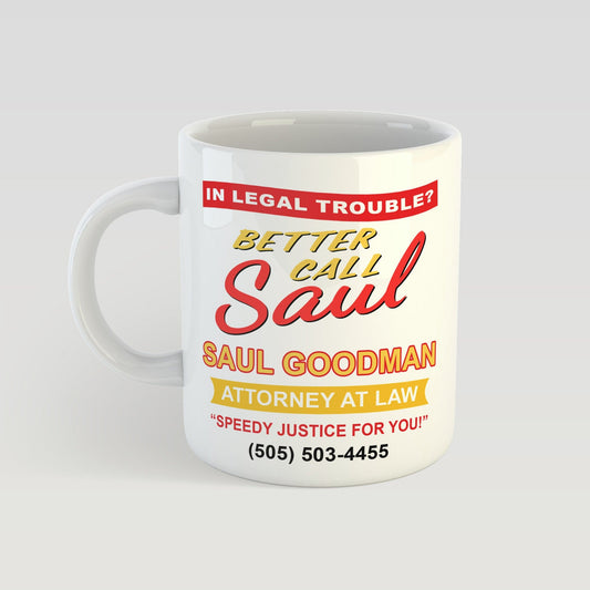 Mug with 'Better Call Saul' text and design on a white background