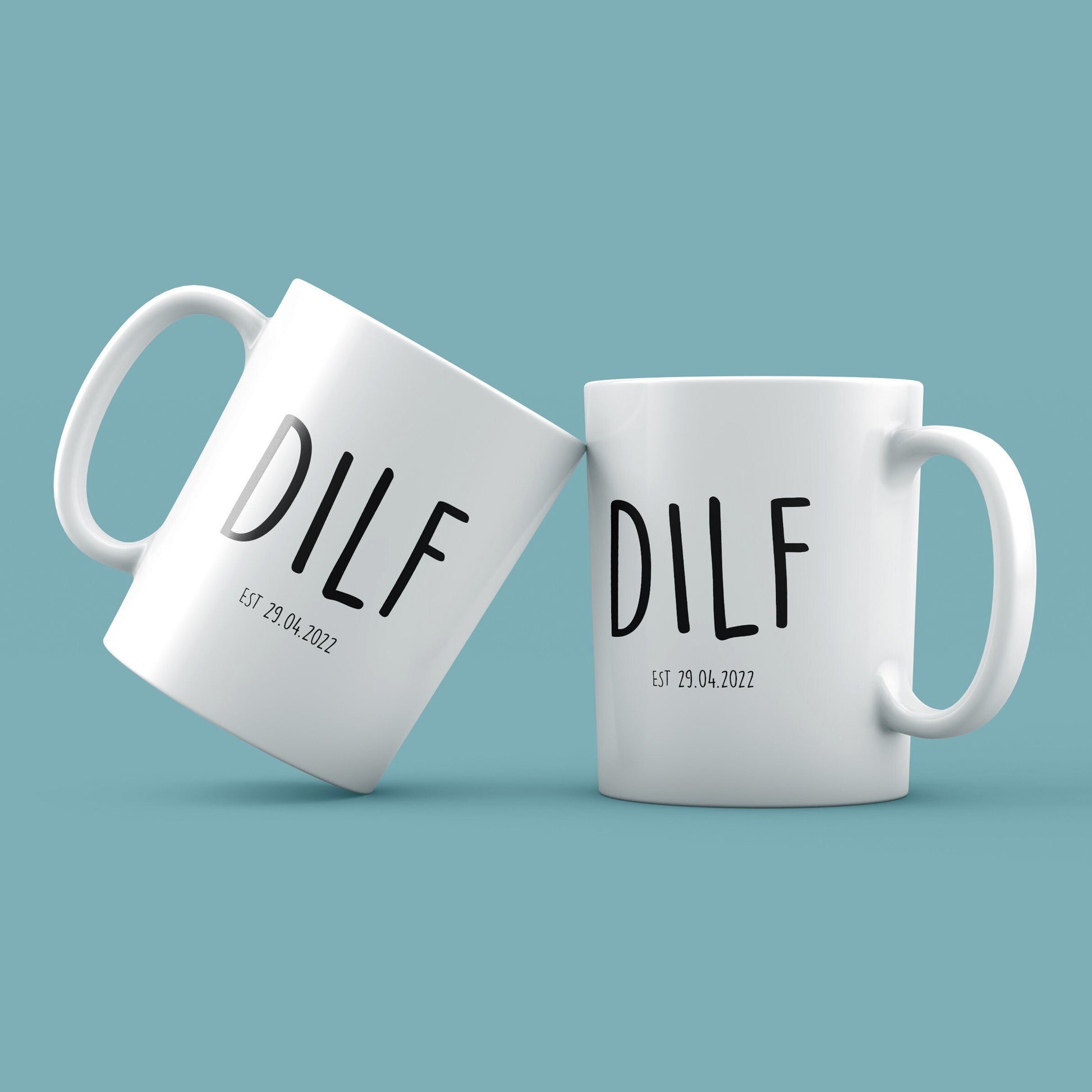 Two white mugs with 'DILF' text on a light blue background