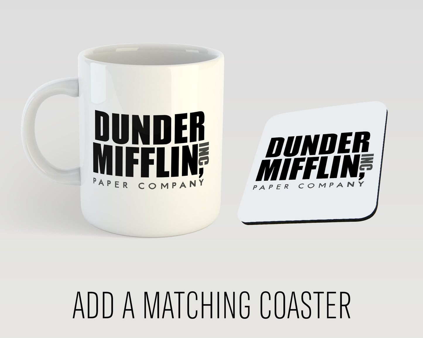 White mug and coaster set with 'Dunder Mifflin, Inc.' text on a light gray background