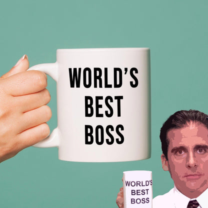 Hand holding a mug with 'World's Best Boss' text, next to a person holding a smaller mug with the same text.