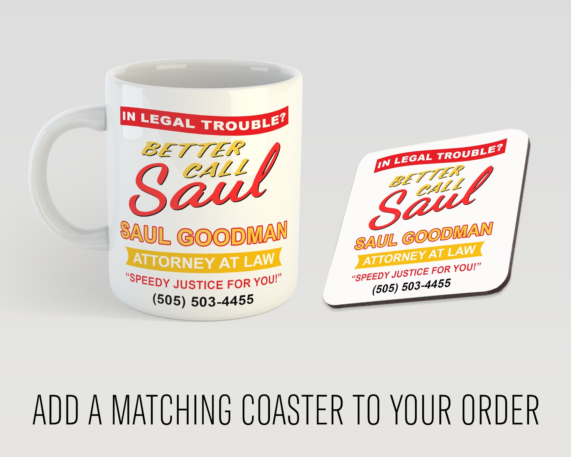 Mug and coaster set with 'Better Call Saul' branding on a gray background