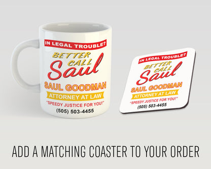 Mug and coaster set with 'Better Call Saul' branding on a gray background