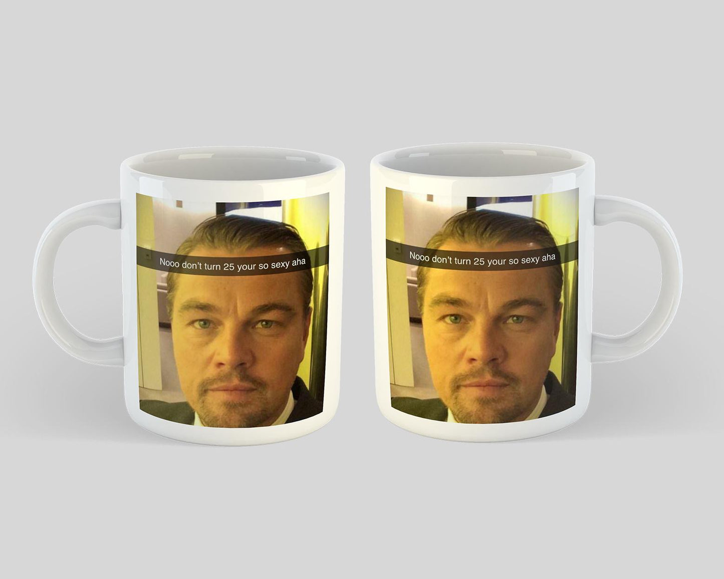 Two mugs with a printed design of a person on a gray background