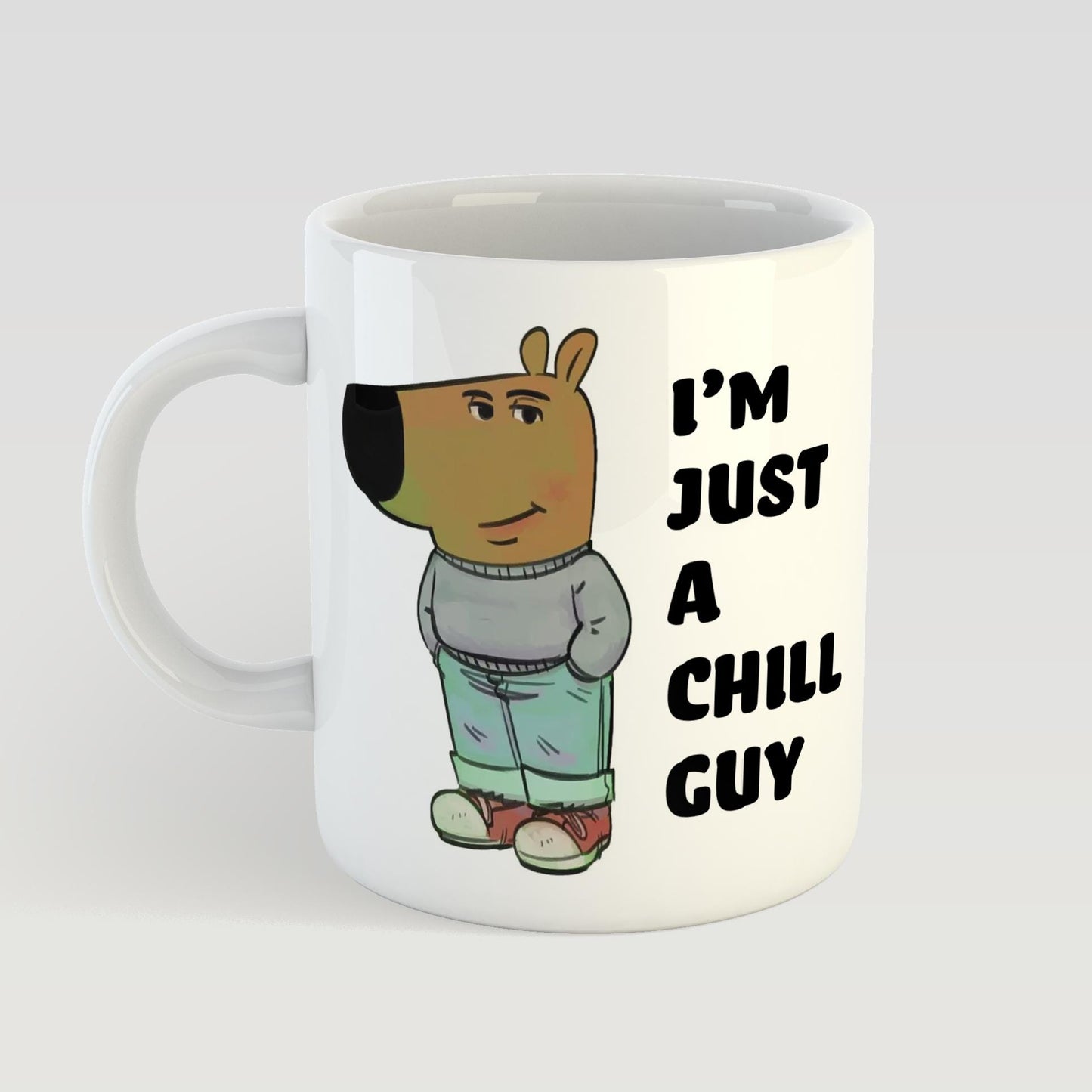 Mug with cartoon dog character and text 'I'm just a chill guy' on a white background
