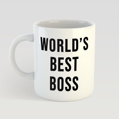 White mug with 'World's Best Boss' text on a light gray background