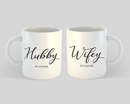 Personalized Hubby and Wifey Mug Set with Custom Date