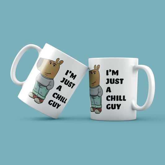 Two white mugs with a cartoon character and text on a blue background