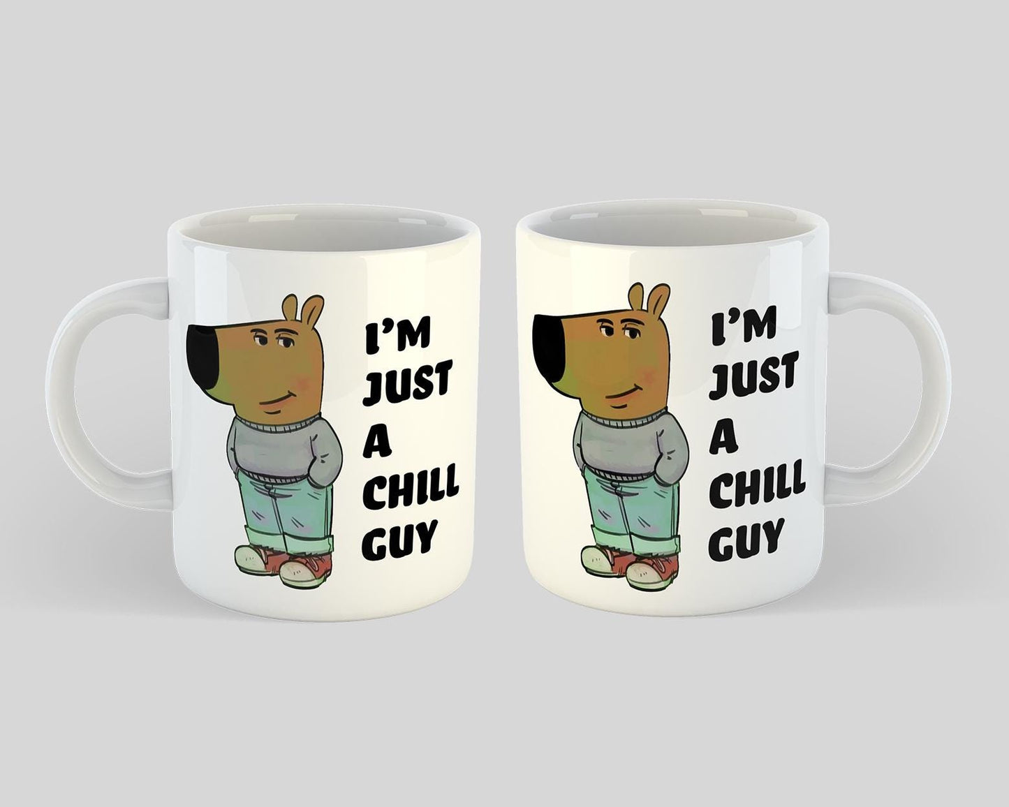 Two white mugs with cartoon character and text 'I'm just a chill guy' on a light gray background