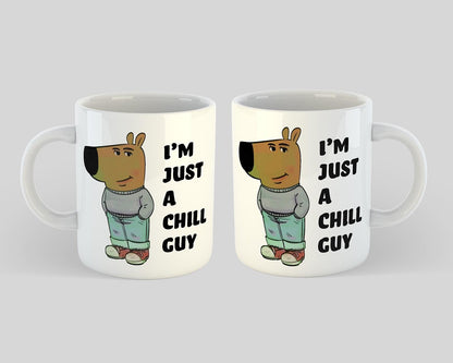 Two white mugs with cartoon character and text 'I'm just a chill guy' on a light gray background