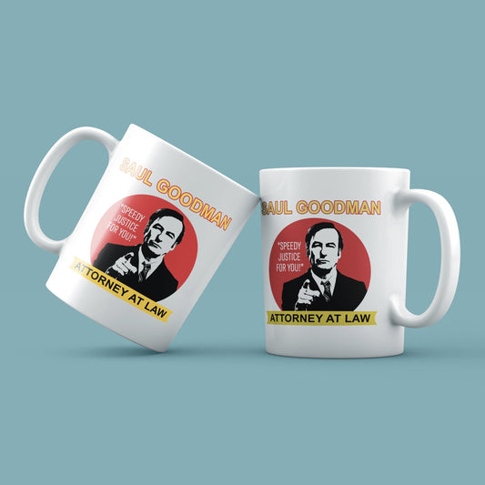 Two white mugs with a graphic of a man labelled 'Saul Goodman, Attorney at Law' on a light blue background.