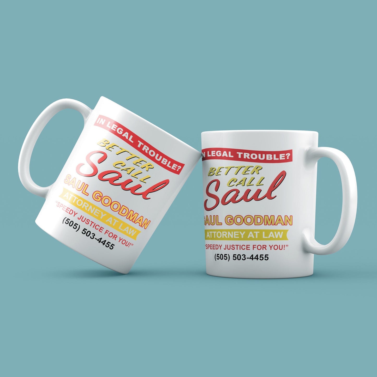 Two mugs with 'Better Call Saul' branding on a light blue background