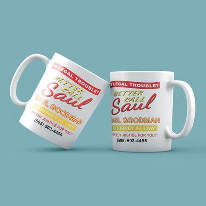 Two mugs with 'Better Call Saul' branding on a light blue background