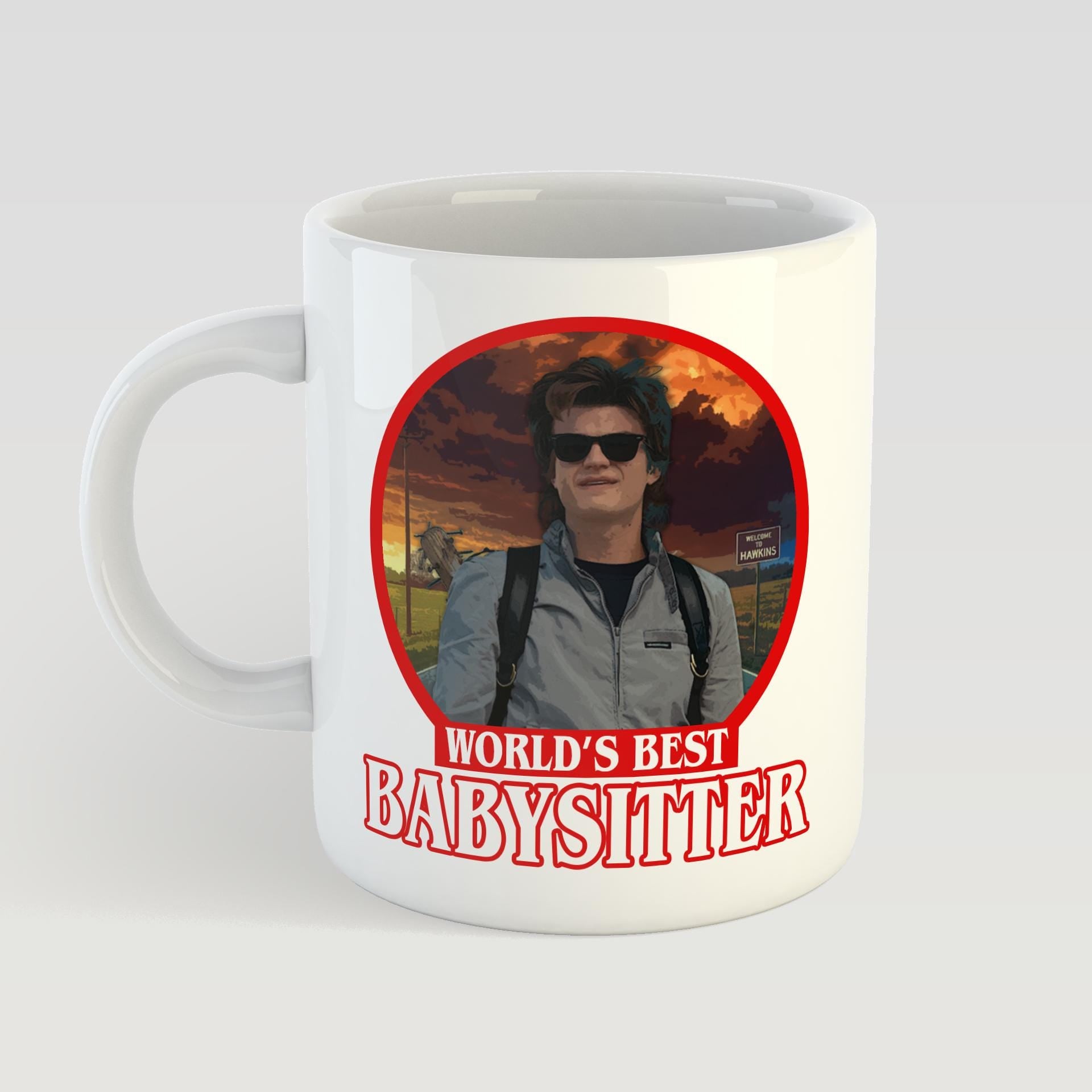 White mug with a graphic of a person and 'World's Best Babysitter' text on a white background
