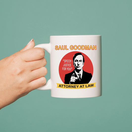 Mug with a graphic of Saul Goodman from 'Breaking Bad' on a teal background