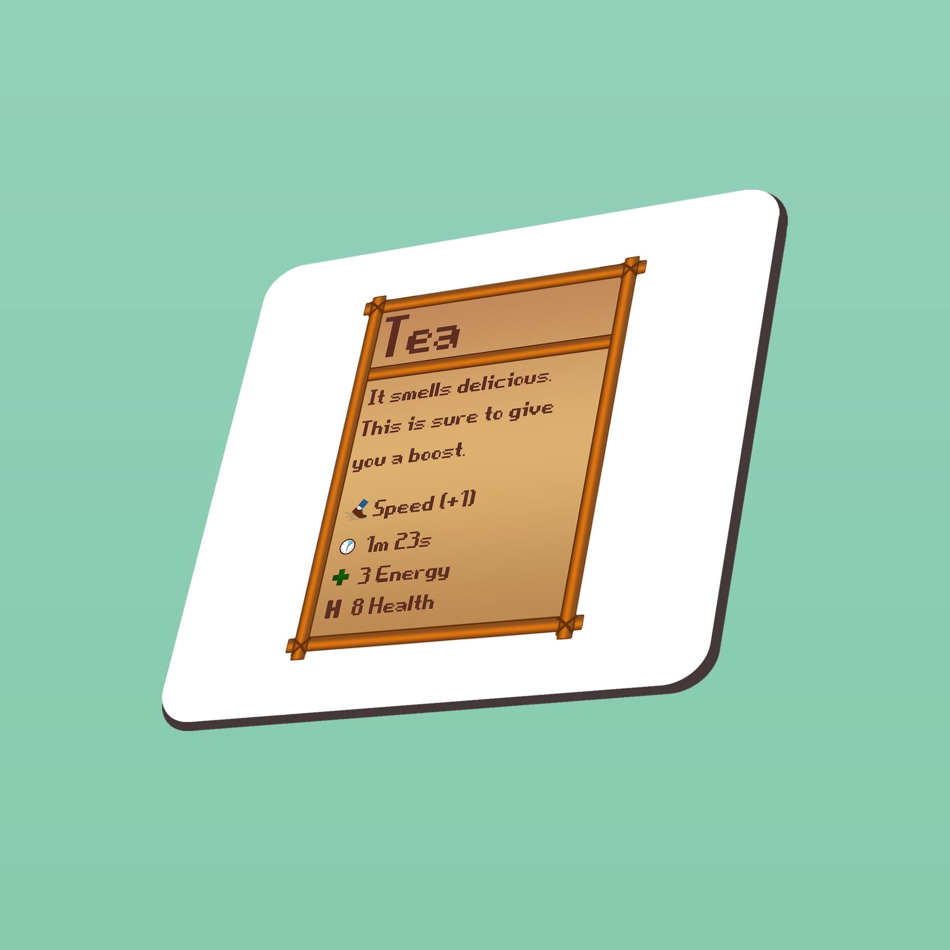 Coaster with Stardew Valley tea description on a green background