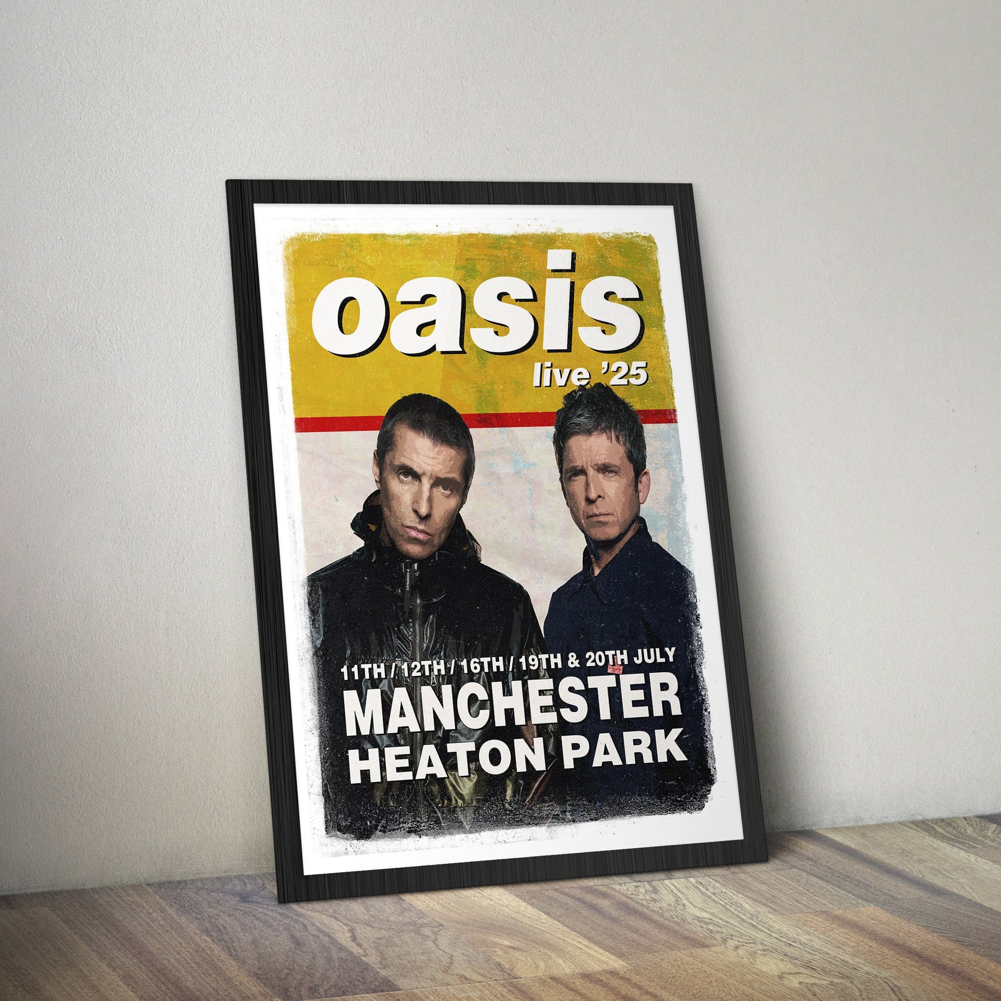 Framed concert poster for Oasis with two band members on a white background