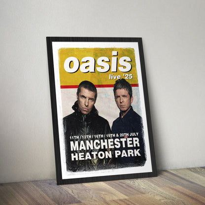 Framed concert poster for Oasis with two band members on a white background