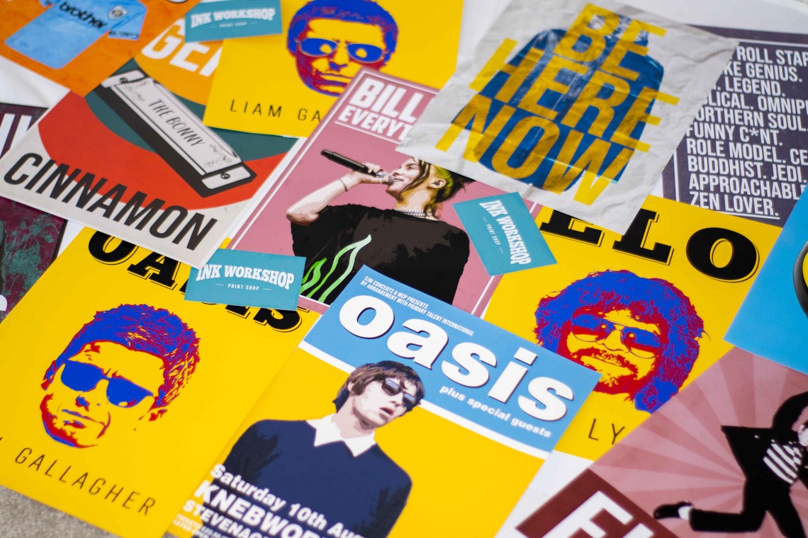 Collection of colorful posters featuring band members and text.